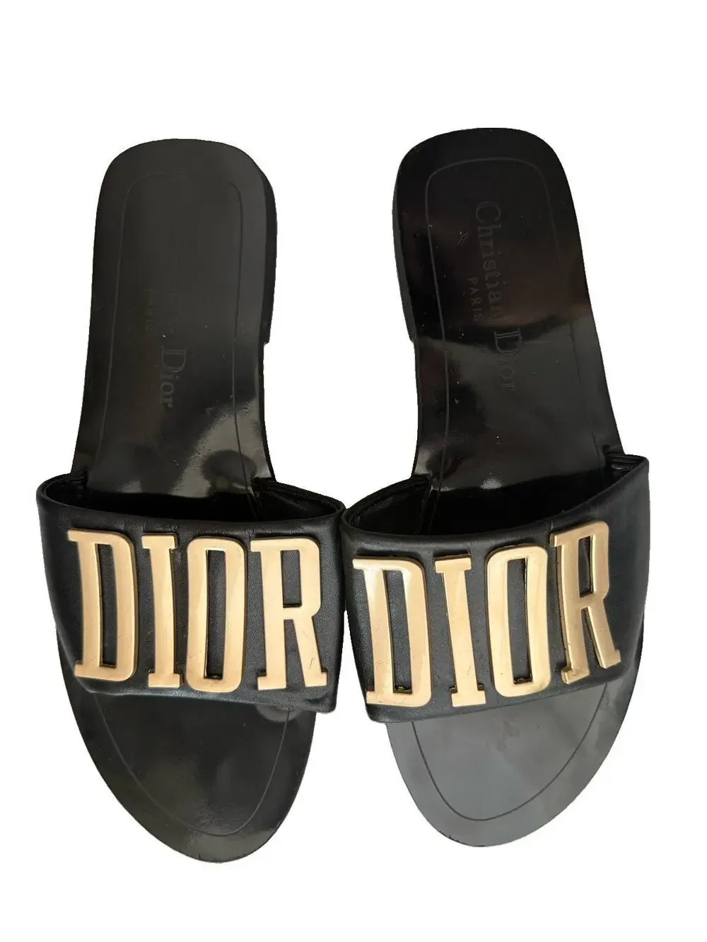 Christian Dior Black & Gold DIOR Logo Leather Slide Sandals Size 39 US 8